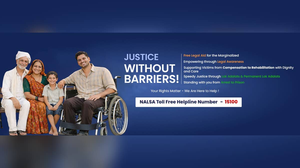 NALSA awareness banner shows a family and the free legal assistance helpline 15100.
