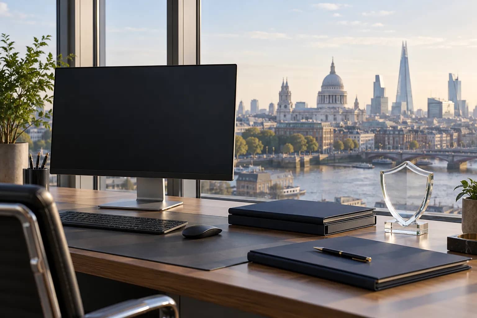 A blank computer screen, navy folders and a glass shield on an office desk overlooking London.