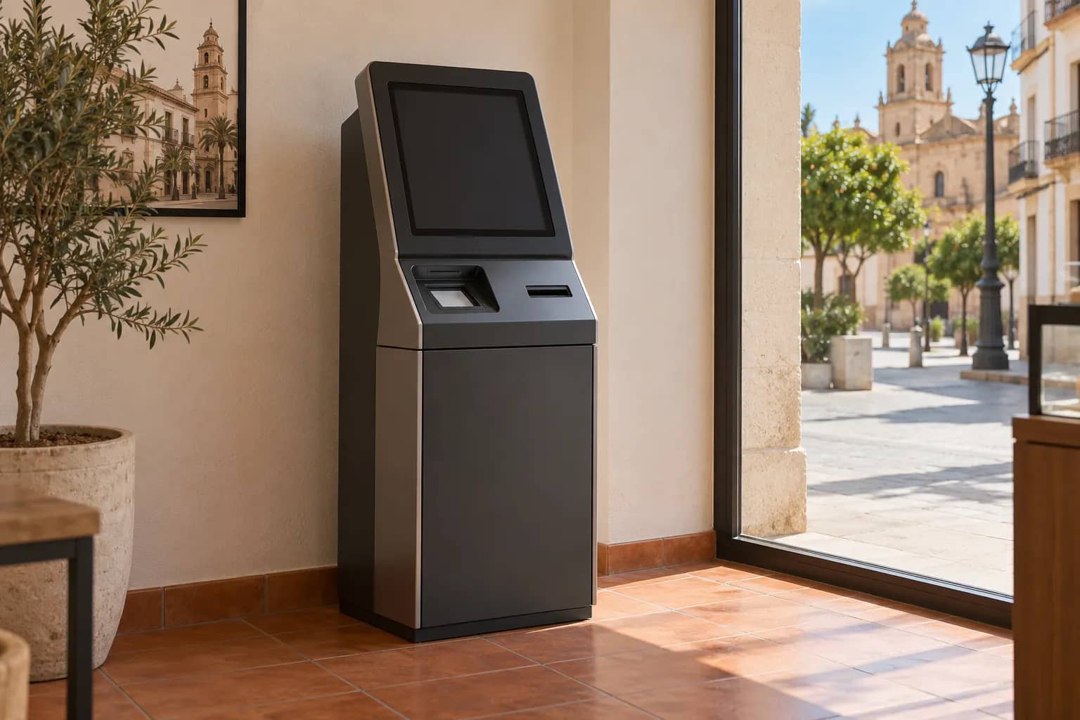 An unbranded cash-machine kiosk with a blank screen beside a window overlooking a Spanish street.