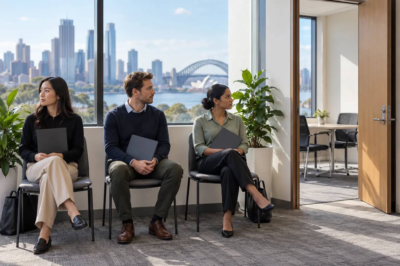 Three adults holding folders in an office waiting area overlooking Sydney Harbour.