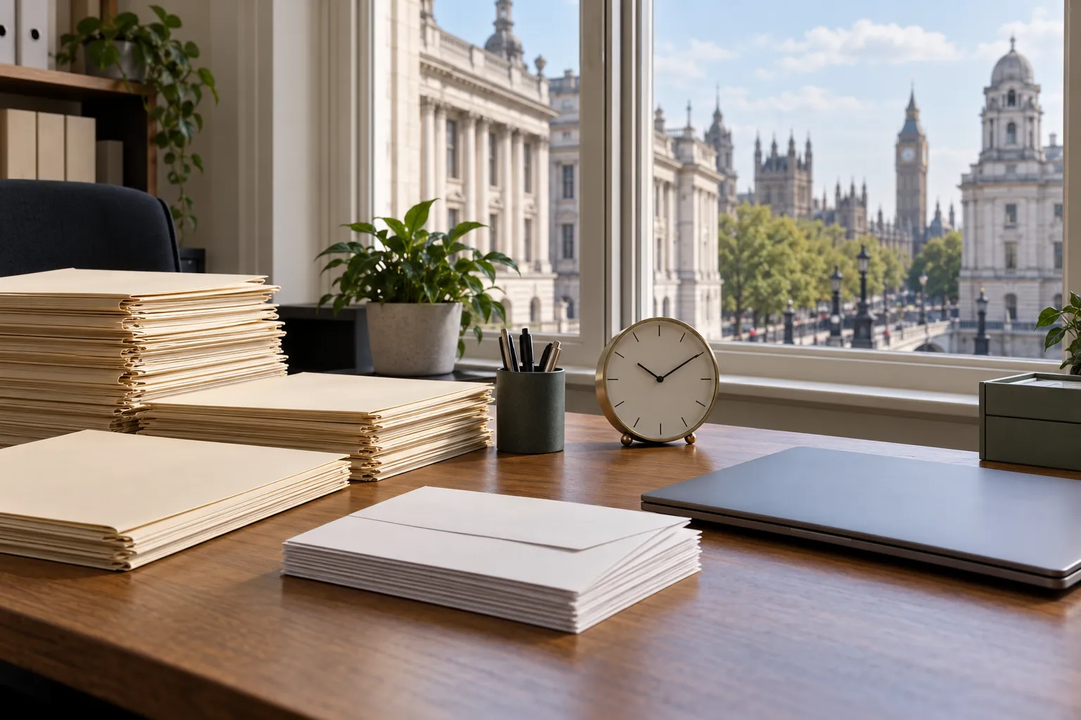 Blank folders and envelopes, a clock and a closed laptop on an office desk overlooking Westminster.