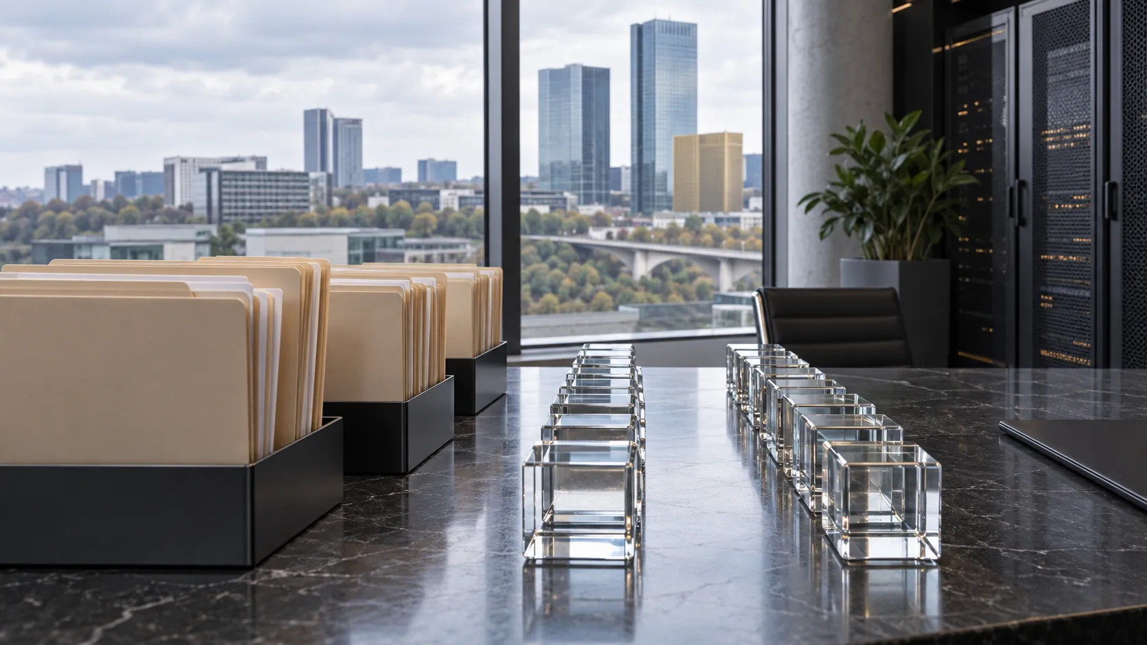 Representational illustration of blank fund folders and two aligned rows of glass blocks beside server equipment in a Luxembourg office.