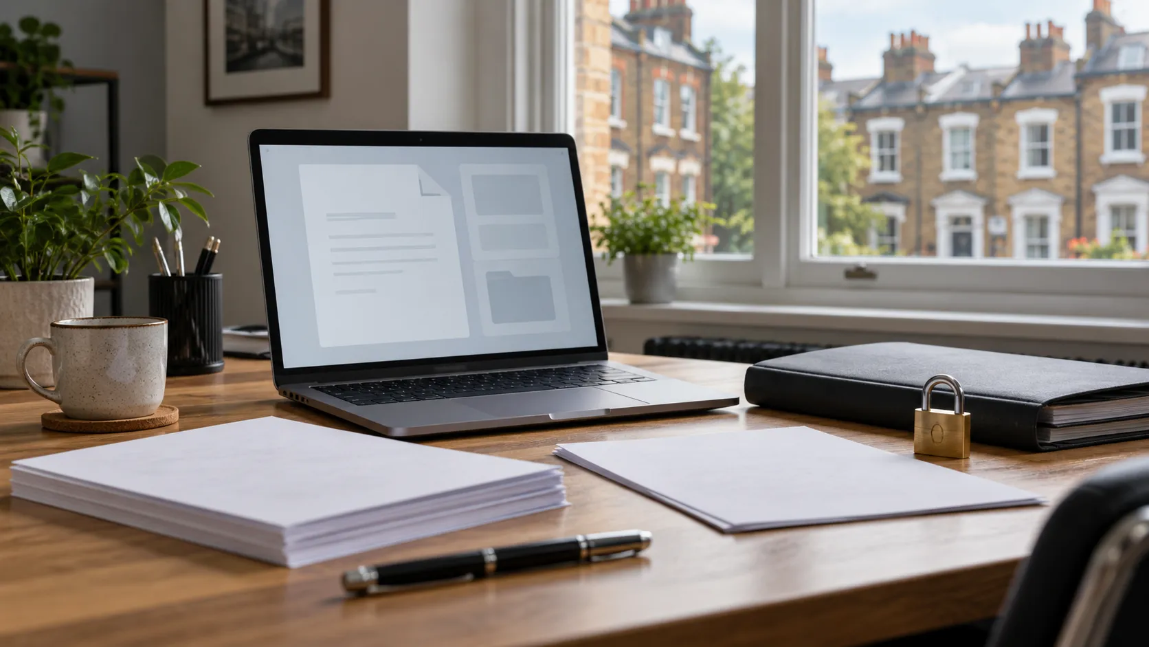 Representational illustration of blank papers, a laptop, folder and padlock on a desk in a British office.