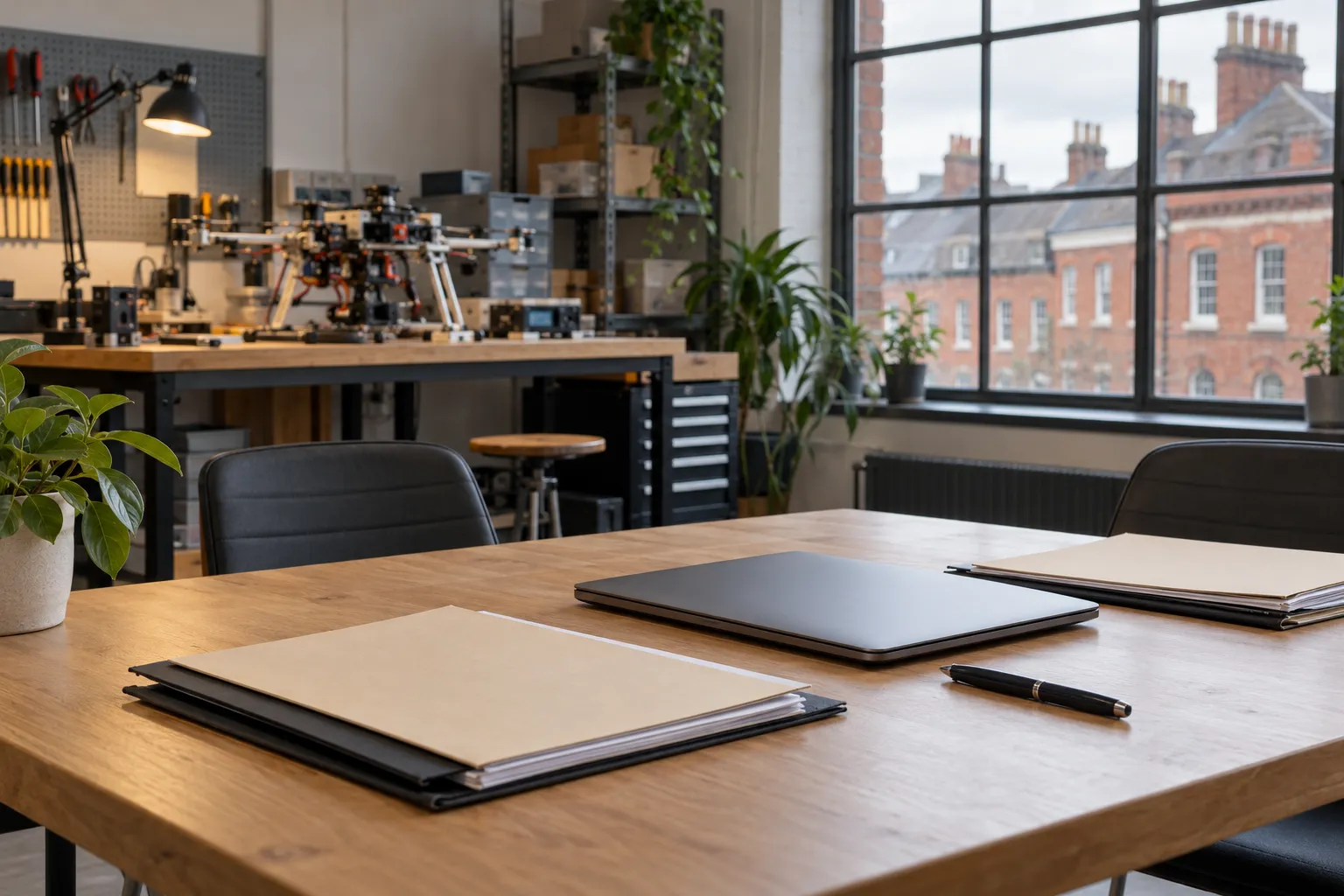 Representational illustration of blank folders, a closed laptop and a pen in a British startup workshop office.