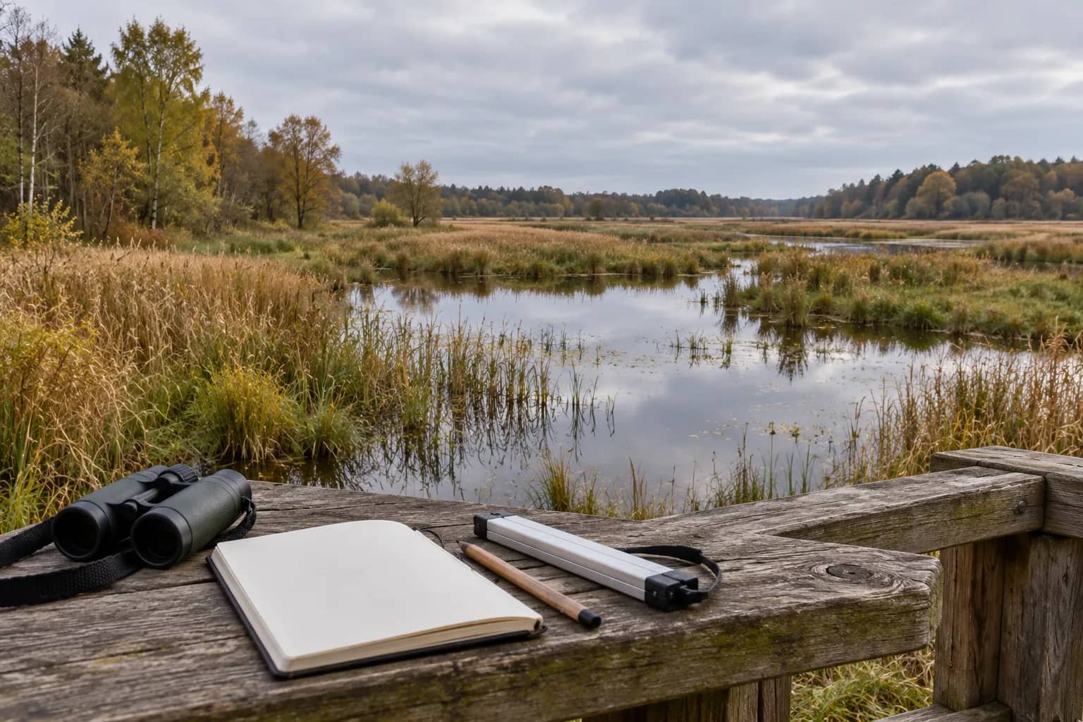 Representational illustration of a wetland with reeds and trees, with binoculars and a blank notebook on a wooden railing.