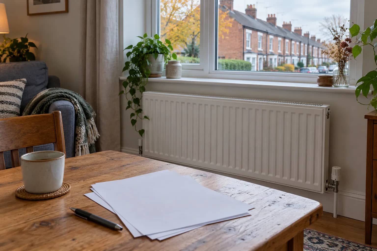 Representational illustration of a radiator, blank papers and a pen inside an English home.