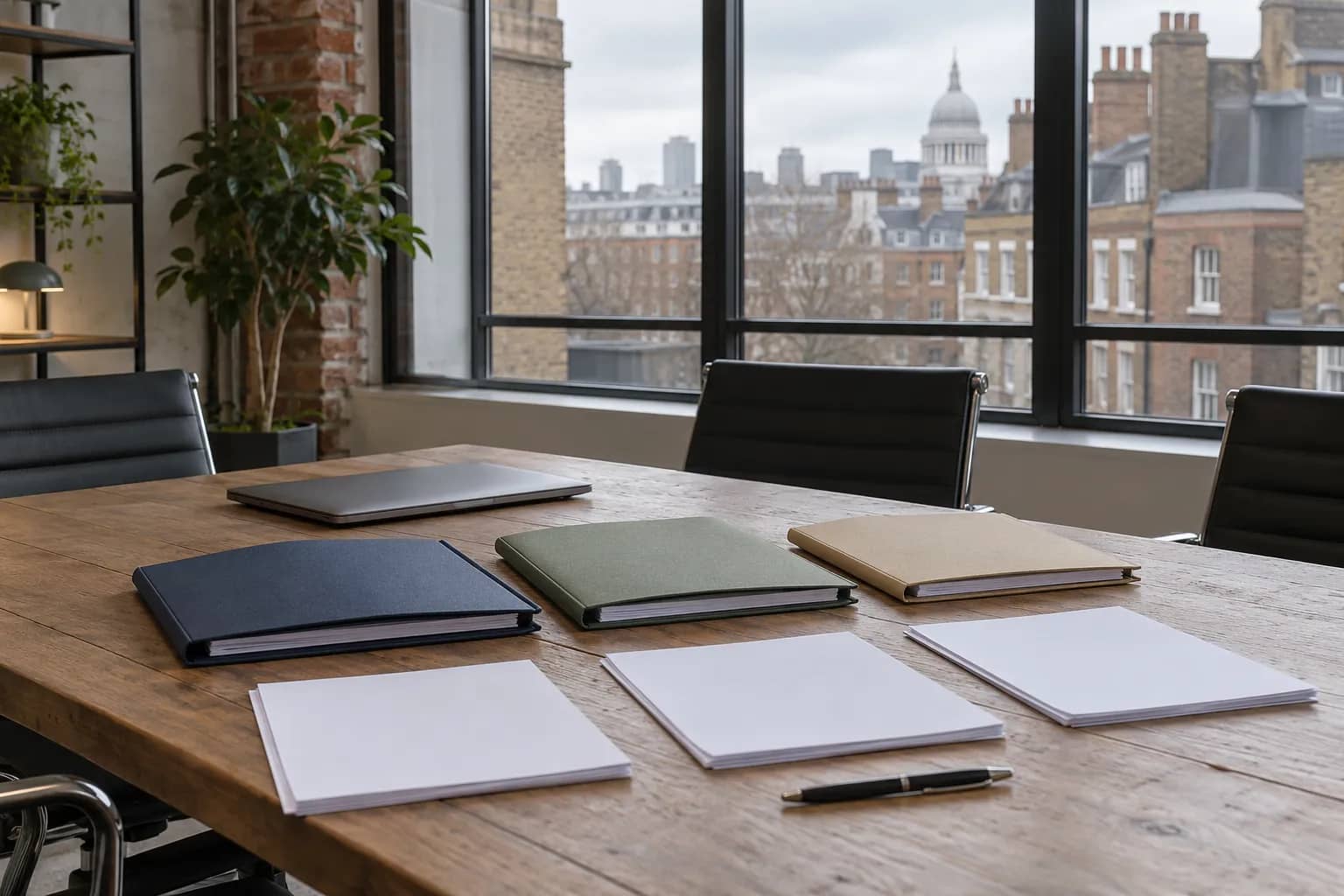 Representational illustration of folders, blank papers, a pen and a closed laptop in a British office.