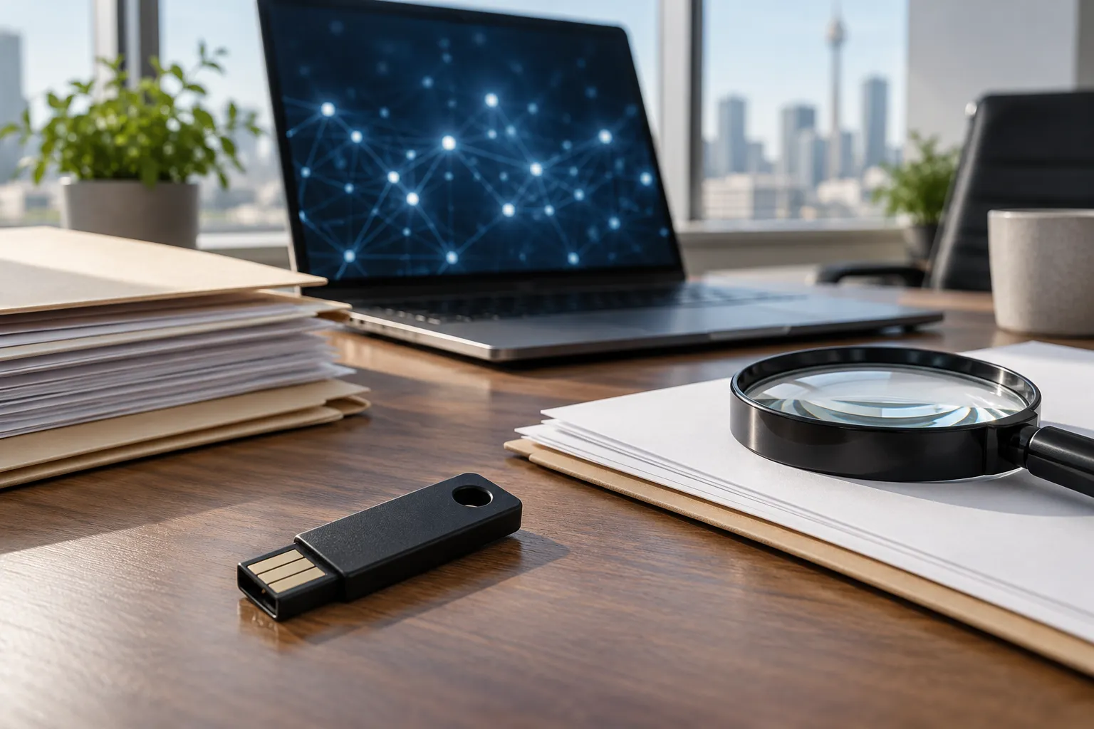 Representational illustration of a security token, blank files and a magnifying glass beside a laptop showing connected dots.