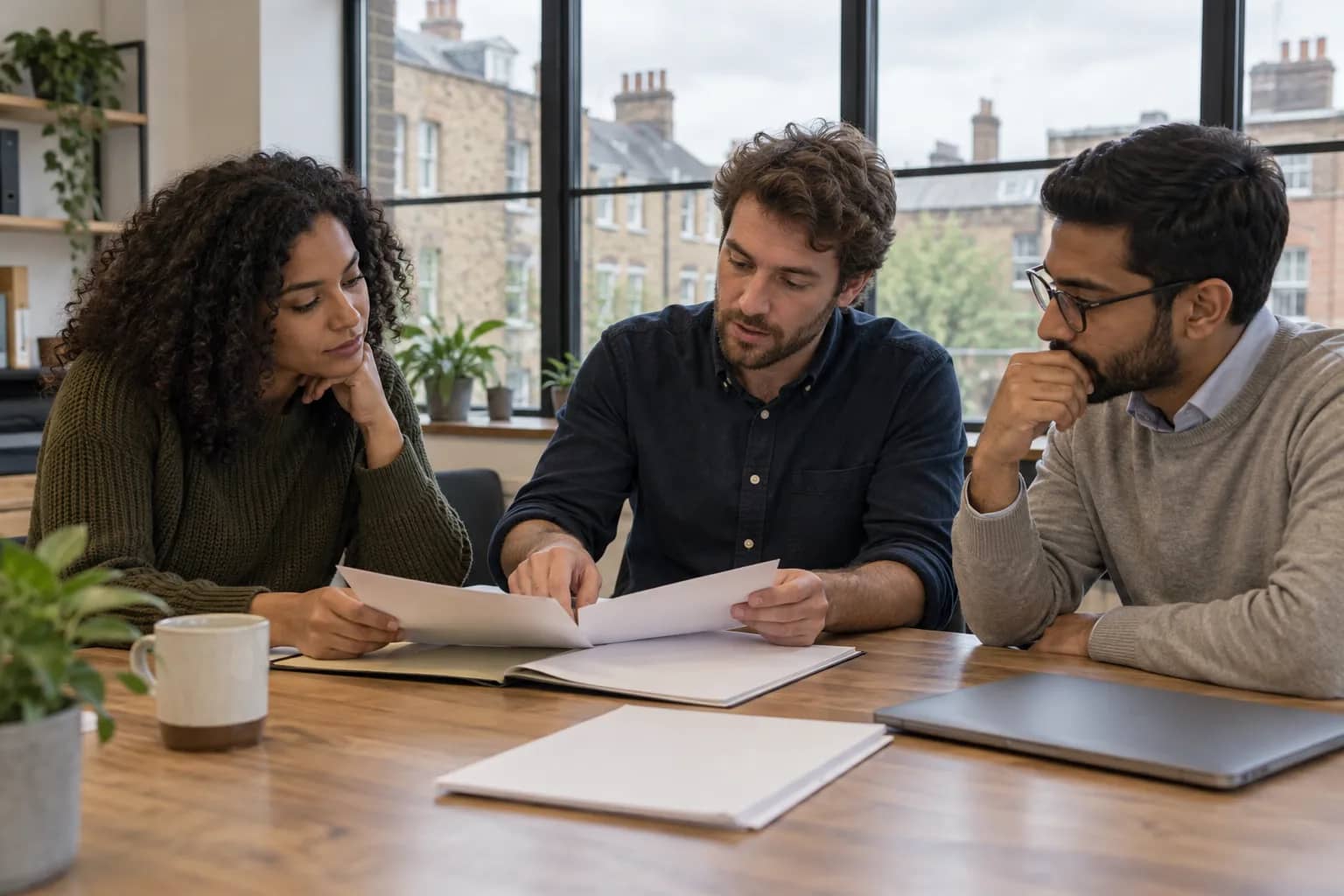 Representational illustration of three adult colleagues reviewing blank papers at a table in a British office.