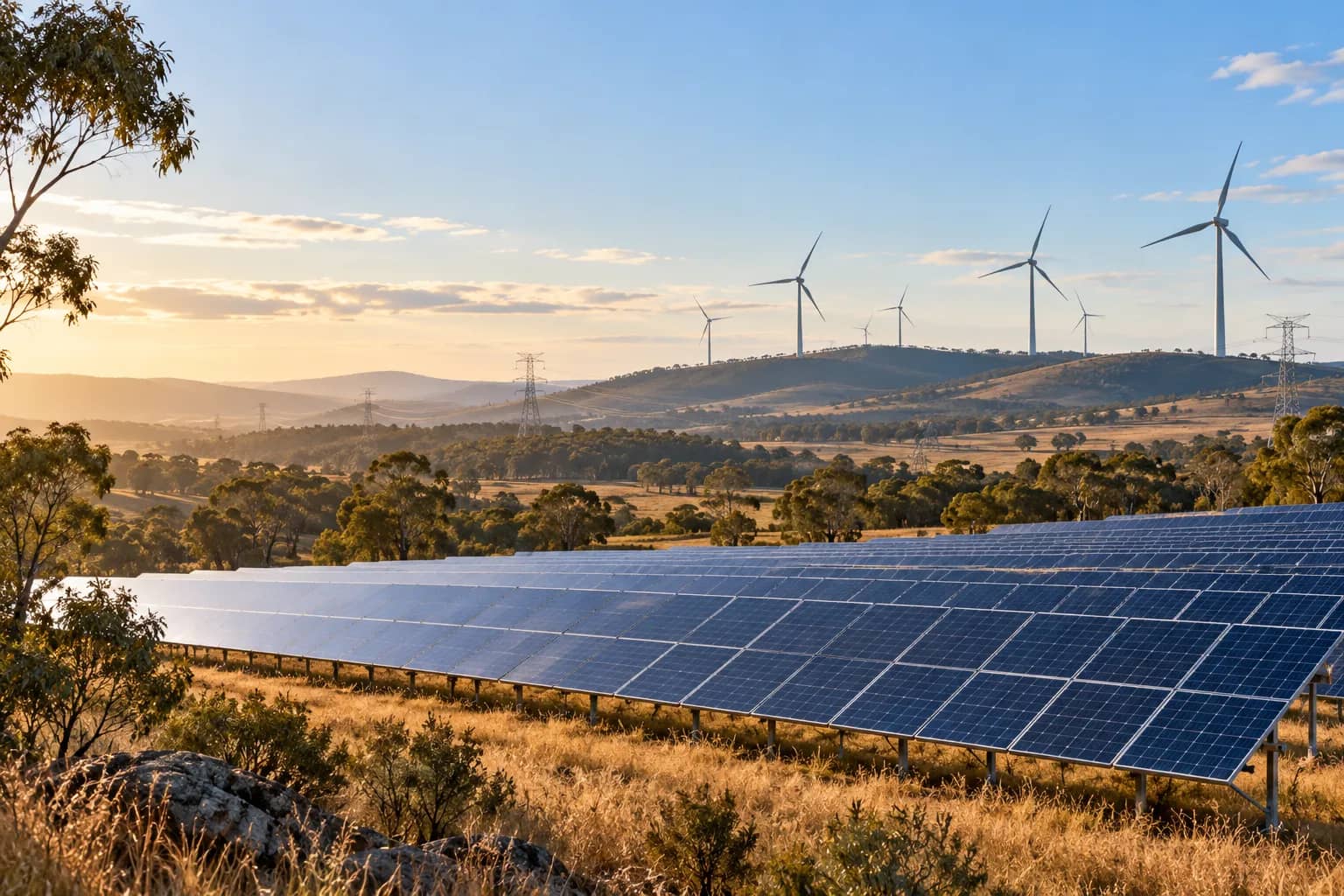 Representational illustration of solar panels, wind turbines and electricity pylons in a rural Australian landscape.