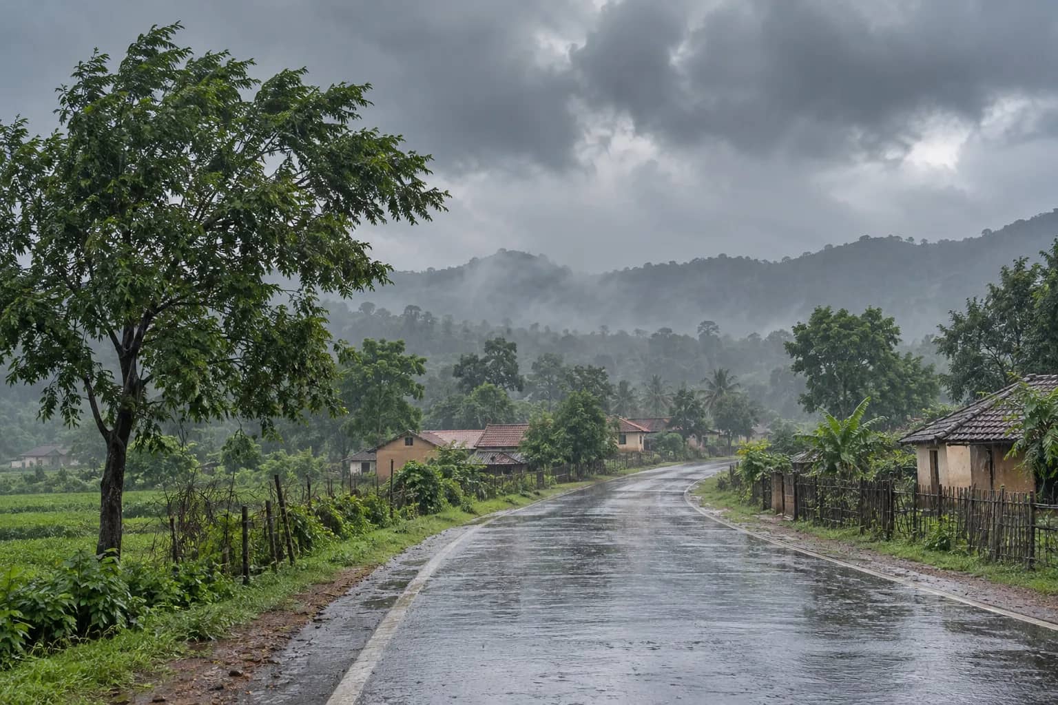 Representational illustration of rain over a quiet village road, trees and houses in eastern India.
