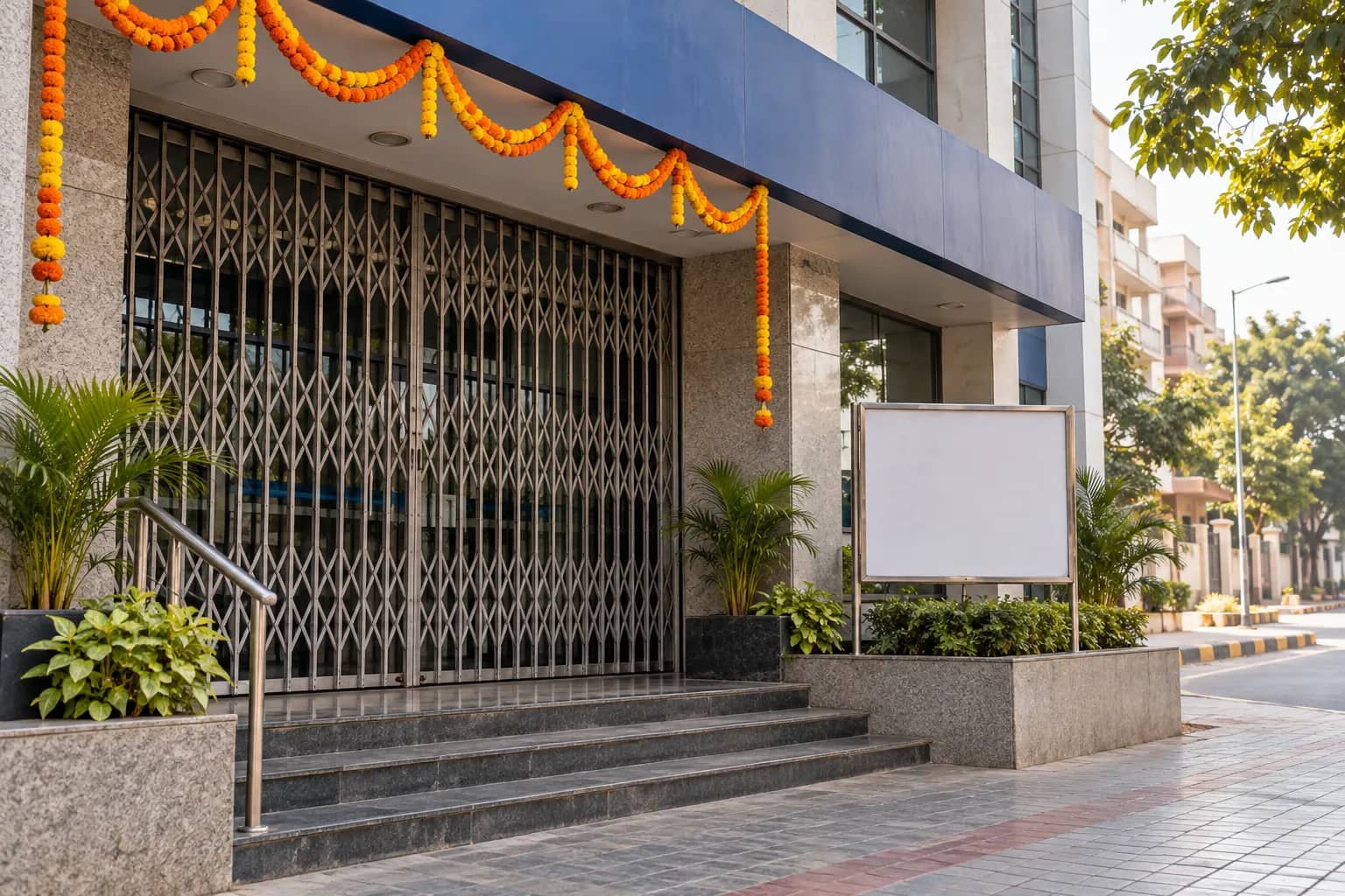 फूलों से सजाए गए बैंक जैसे भवन का बंद जालीदार प्रवेश द्वार और खाली सूचना बोर्ड, प्रतीकात्मक चित्र।