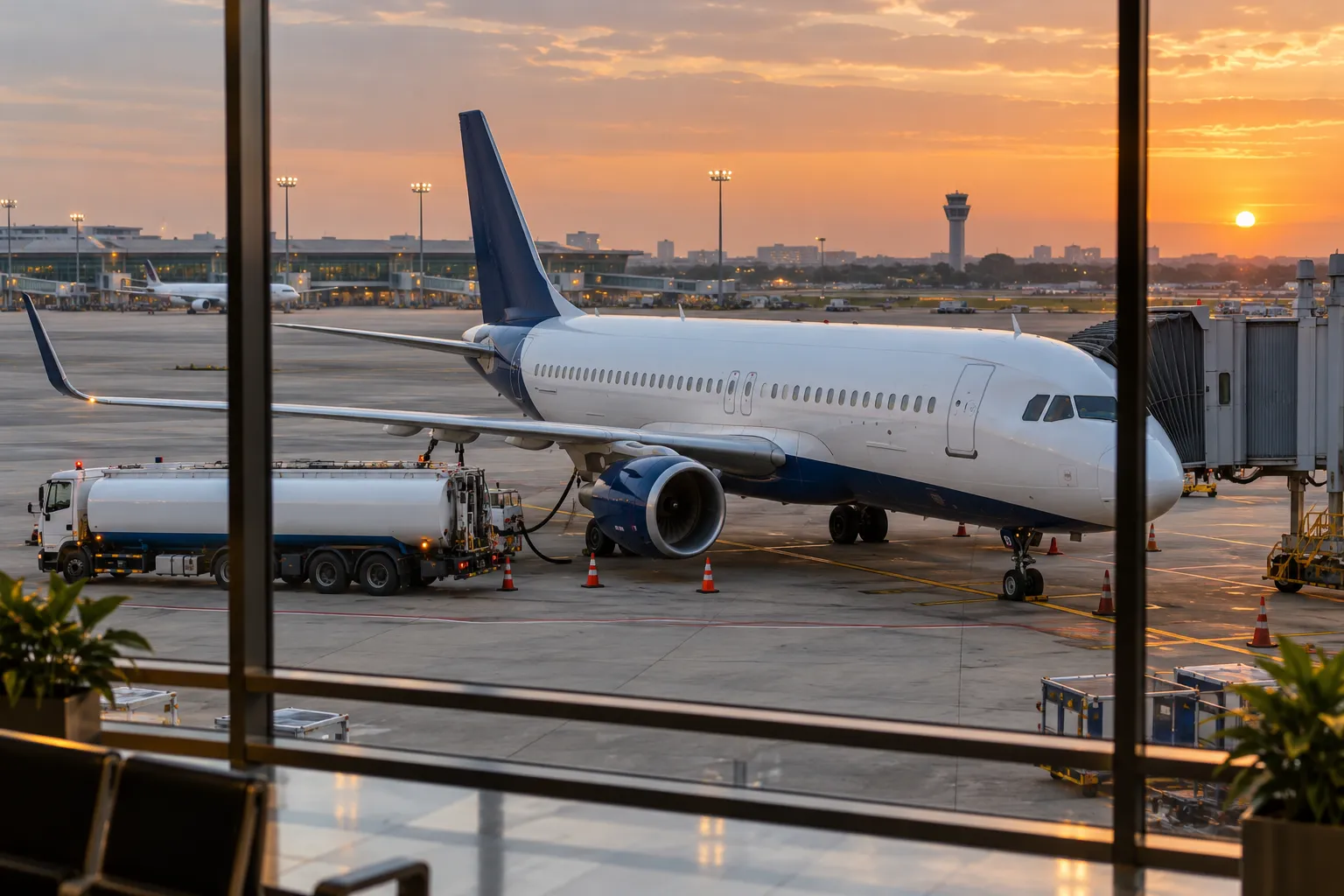 An unbranded passenger aircraft and fuel tanker on an airport apron, seen through terminal windows at sunset.