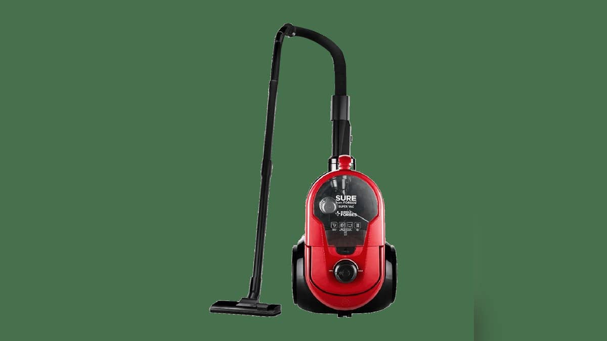 Square official product pack shot of the red Sure from Eureka Forbes Super Vac canister vacuum with hose and floor nozzle