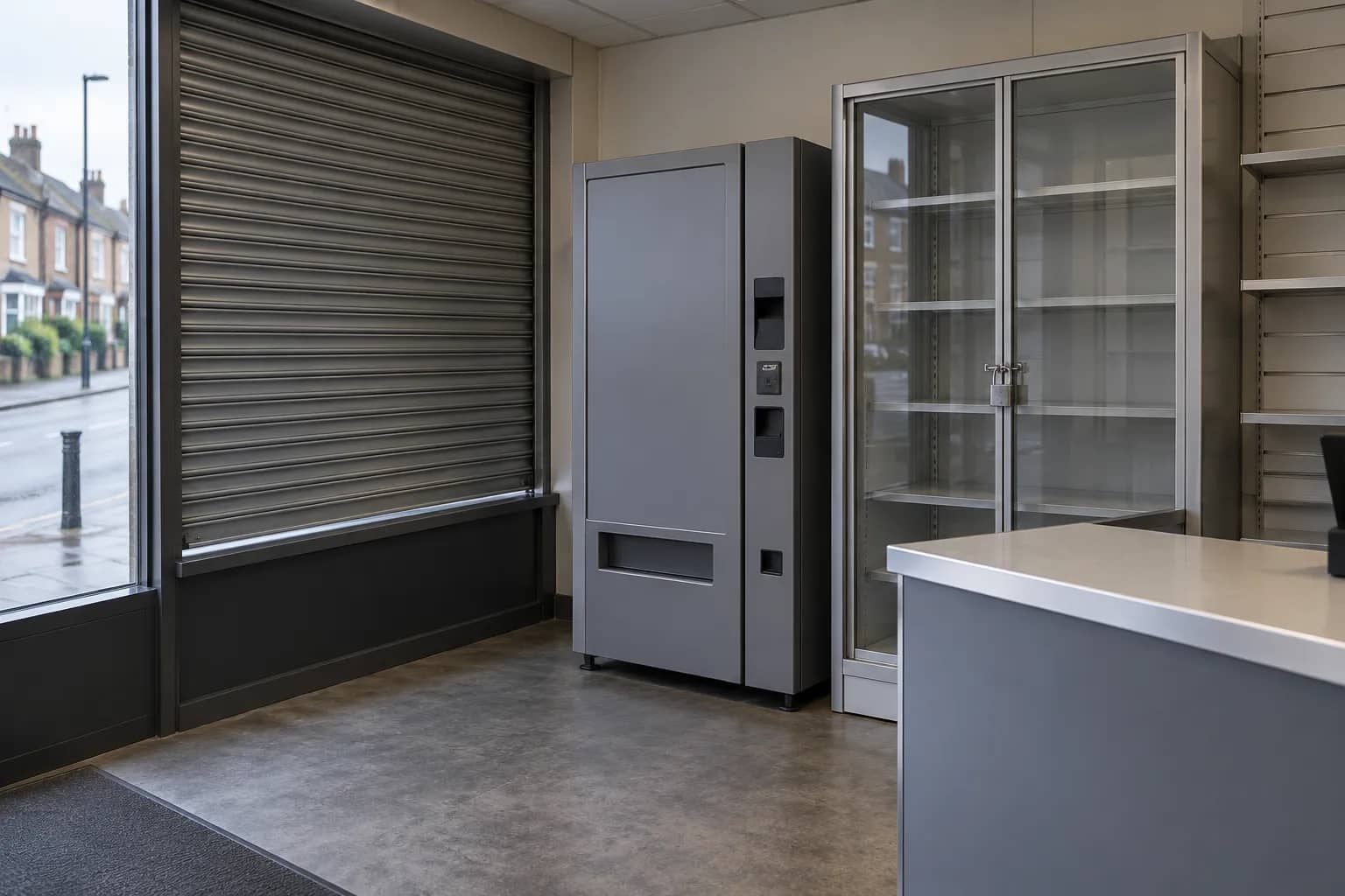 Plain vending machine beside a locked glass cabinet in an empty shop.