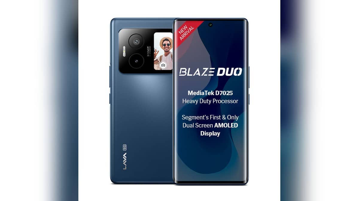 Square official Lava Blaze Duo image showing its front and blue rear with the secondary display