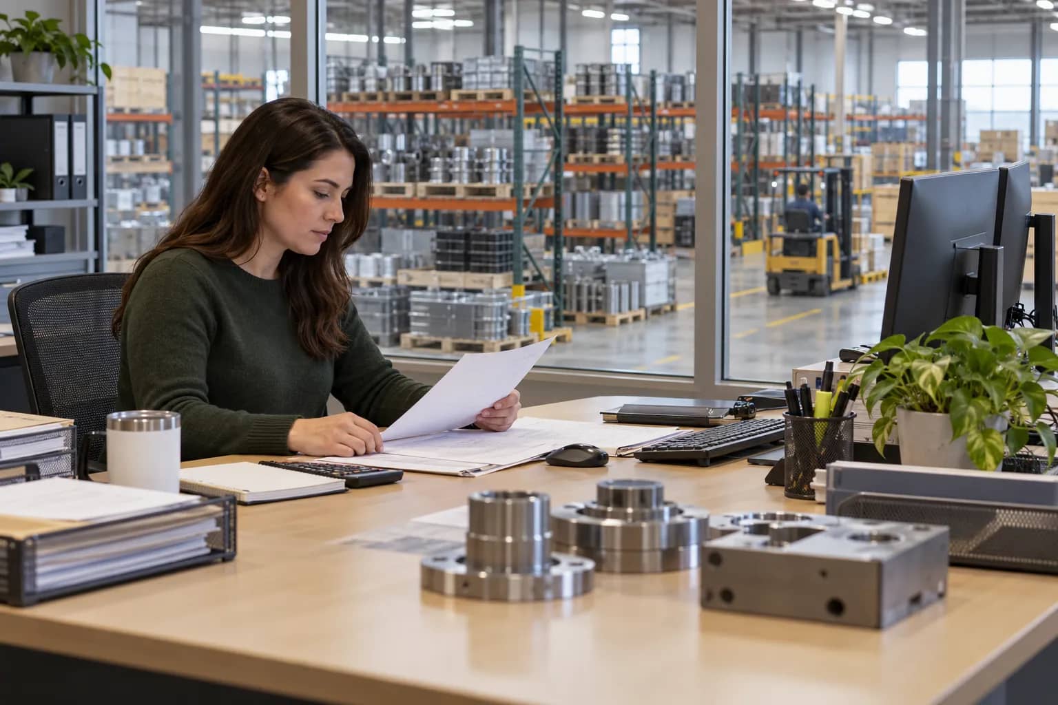 A procurement employee reviews papers at a desk overlooking a warehouse of metal components.