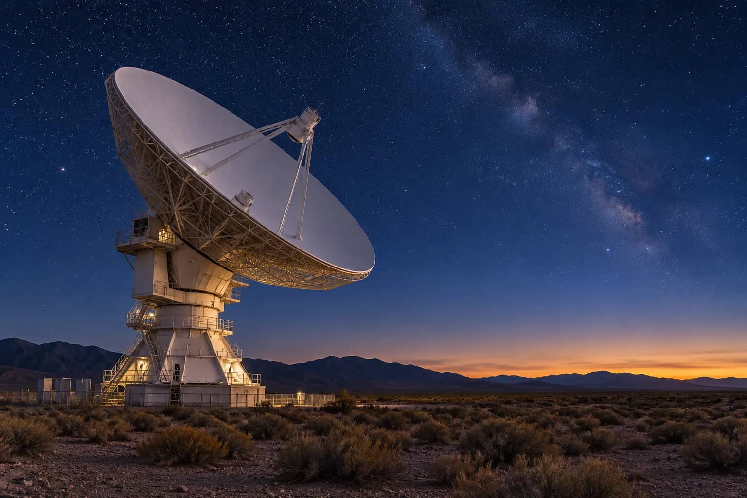 A large radio antenna points into a starry sky above a dry desert landscape.