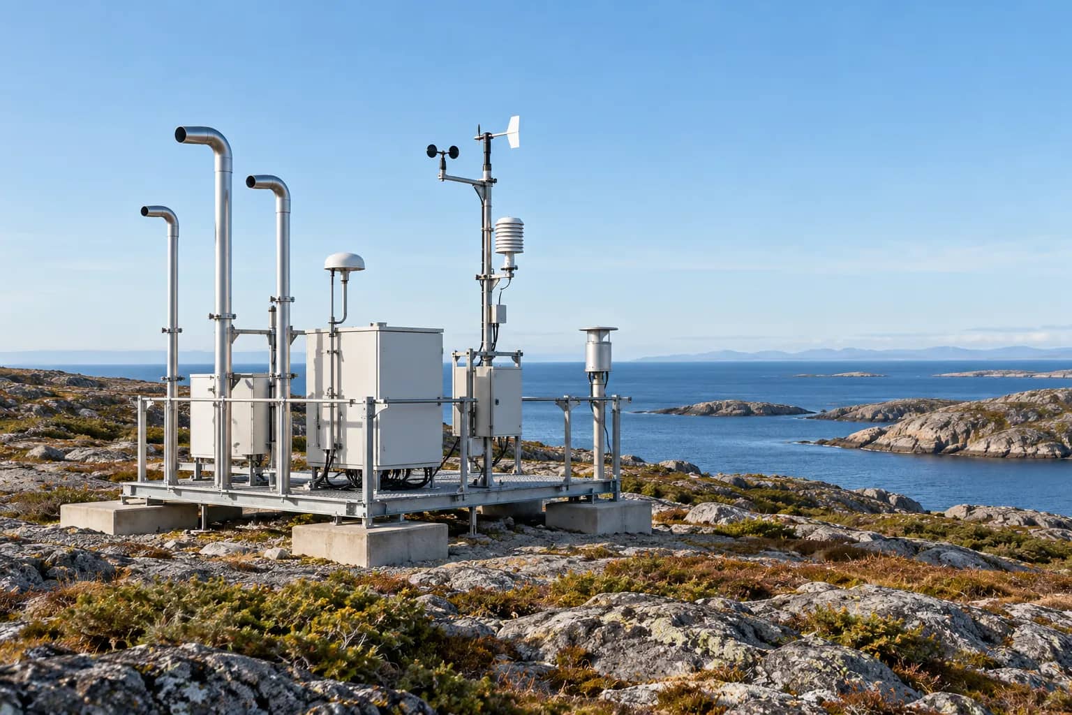 Air sampling pipes and weather instruments on a rocky coast under a clear sky