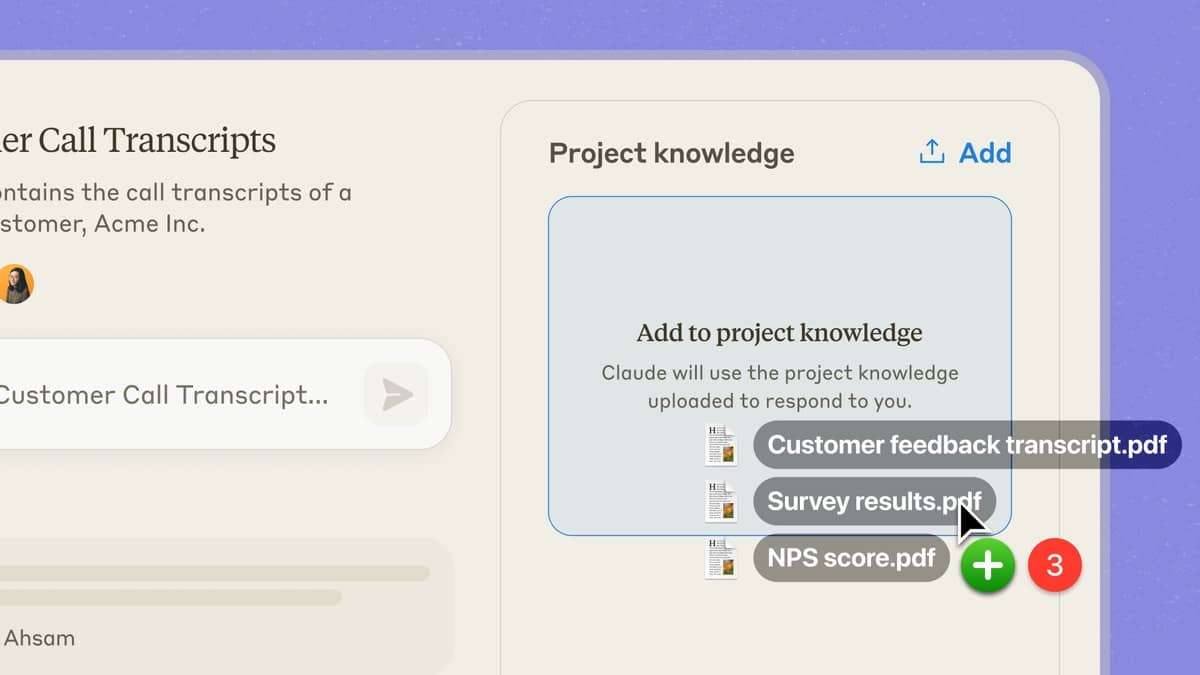 An official Anthropic screenshot shows documents being added to a Claude project knowledge area.