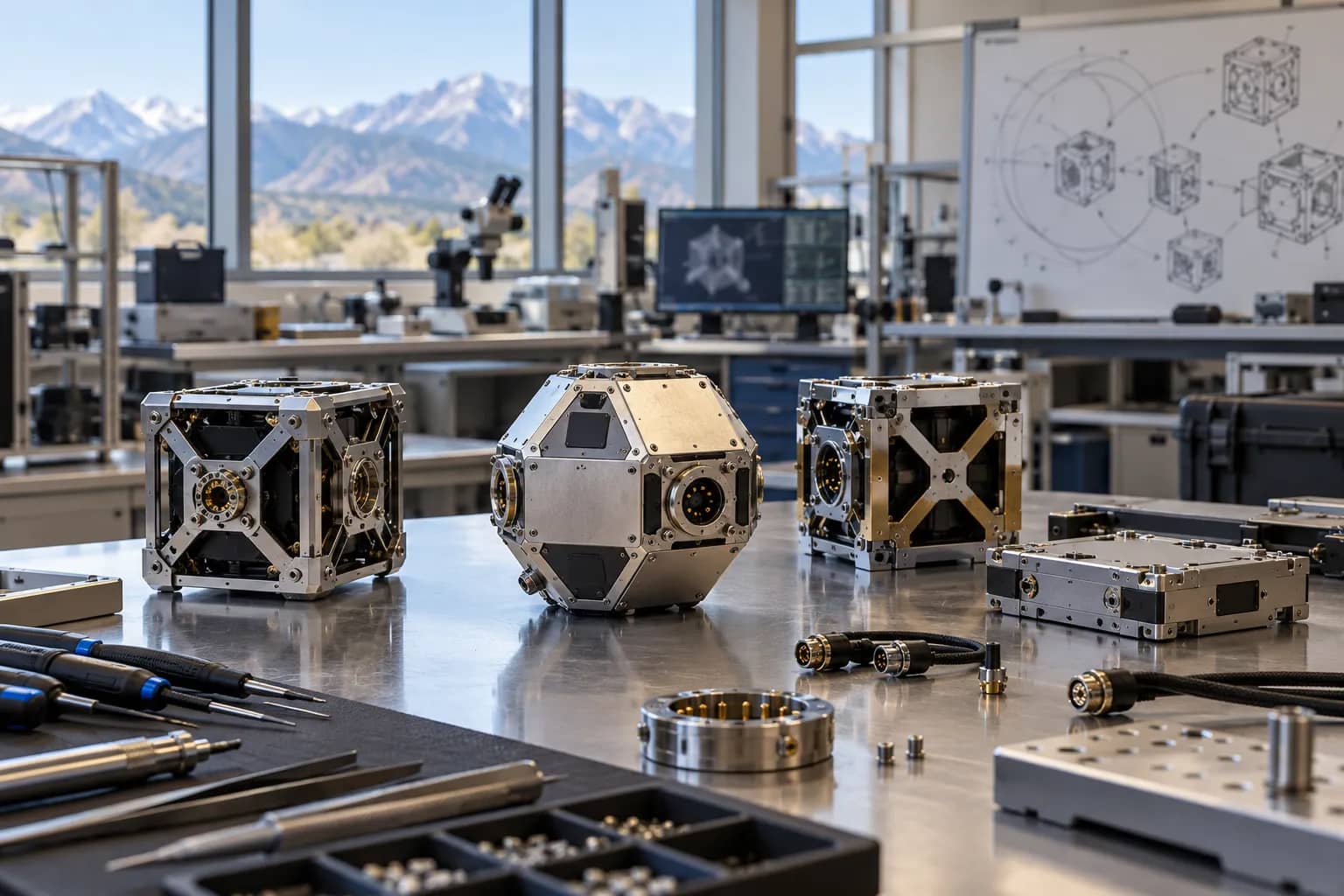 Metal geometric modules and tools on a laboratory workbench