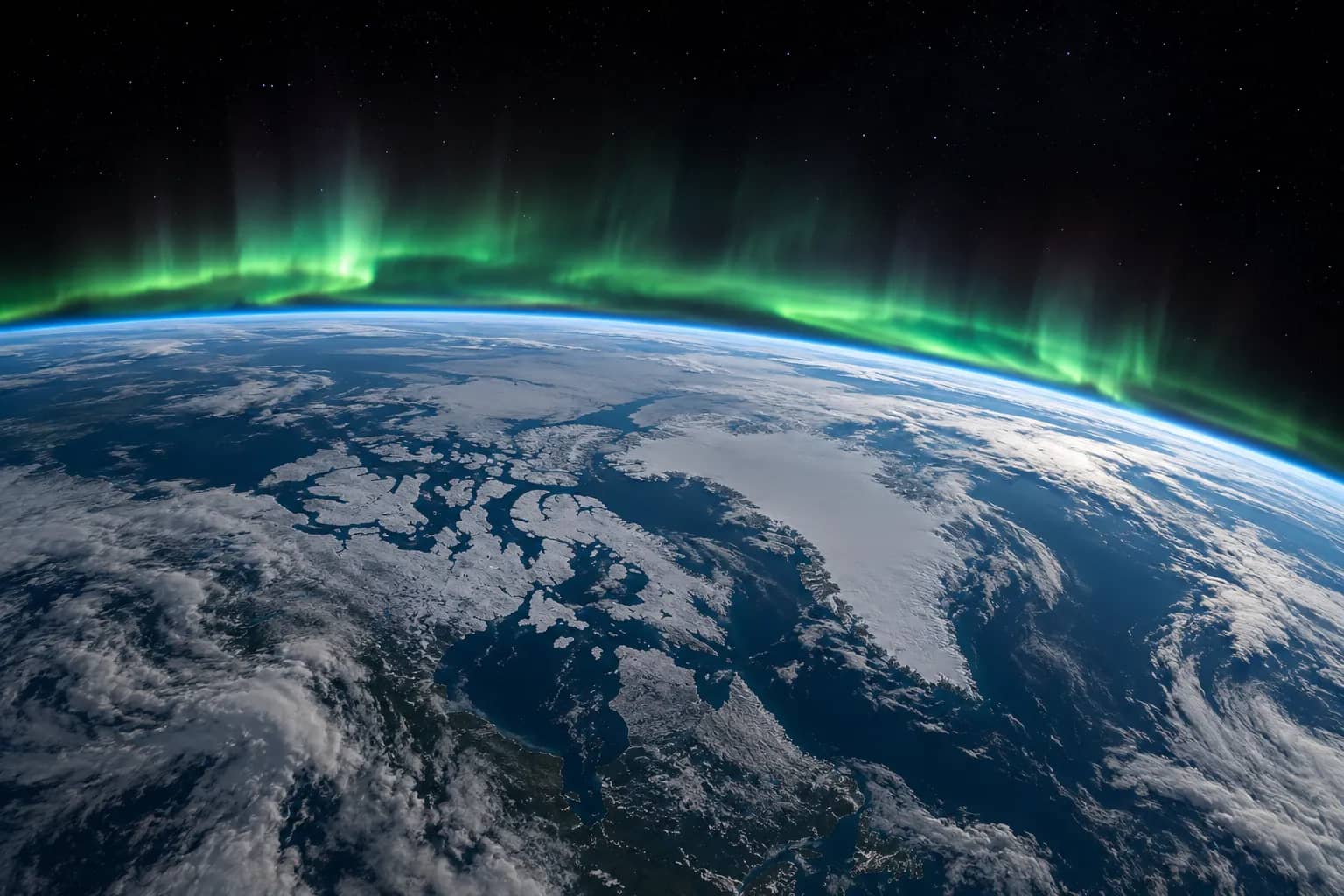 Green auroral light above Earth's curved blue horizon