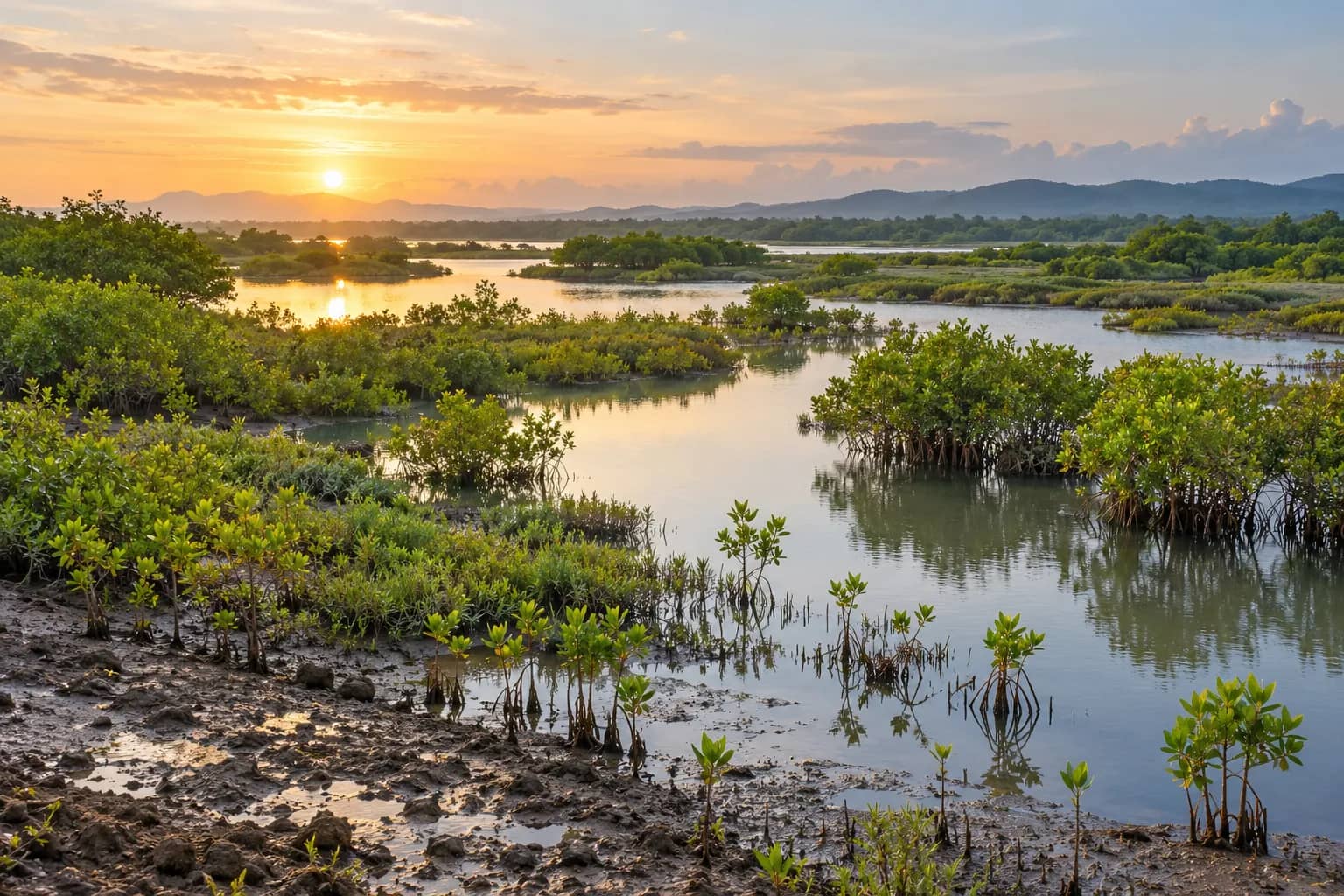 Young mangroves and green vegetation around shallow wetland channels