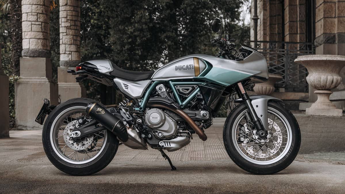 Ducati Formula 73 in its silver and aquamarine 750 Super Sport Replica livery, official landscape product render