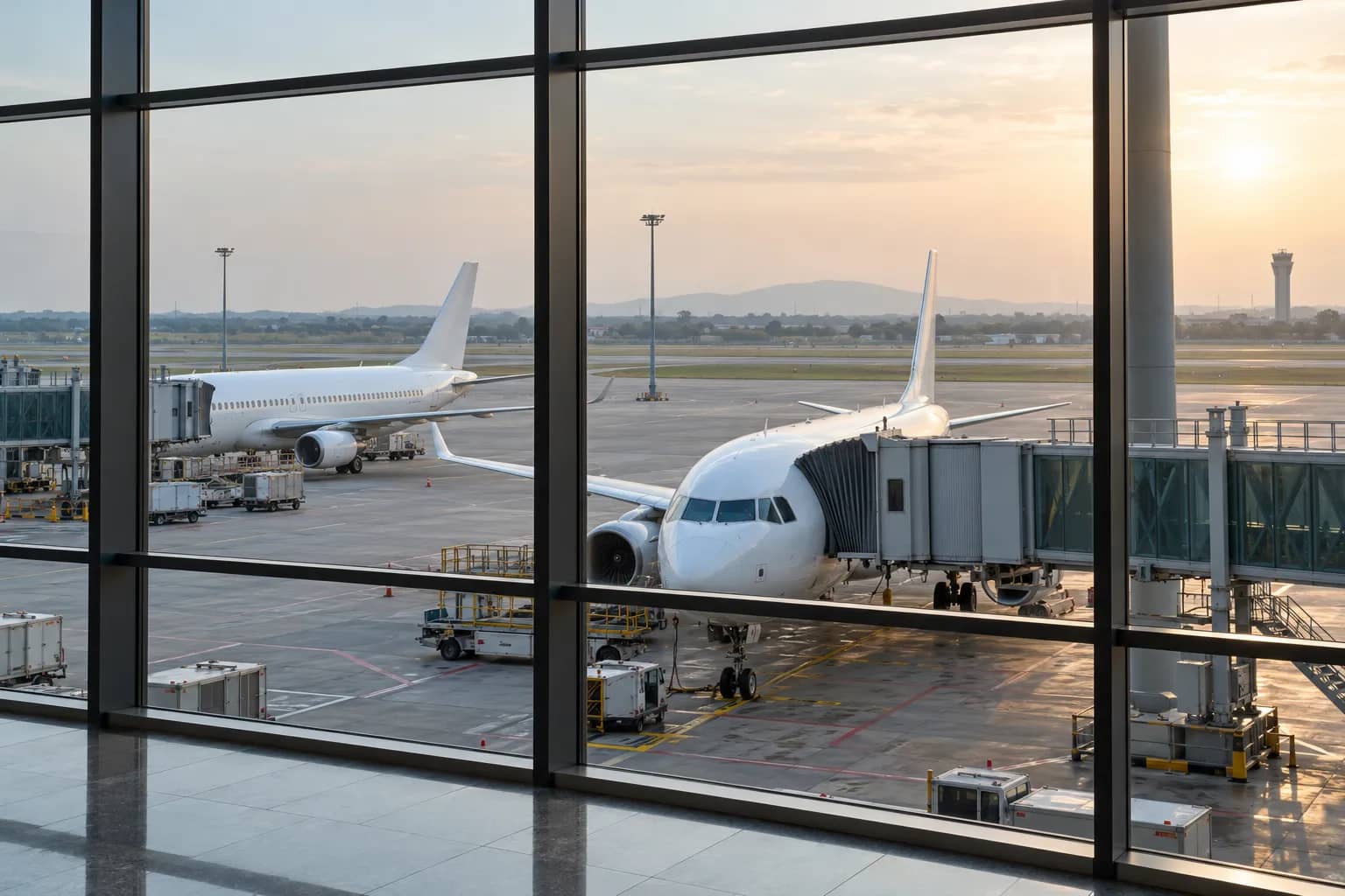 Unbranded passenger aircraft beside boarding bridges at a generic airport