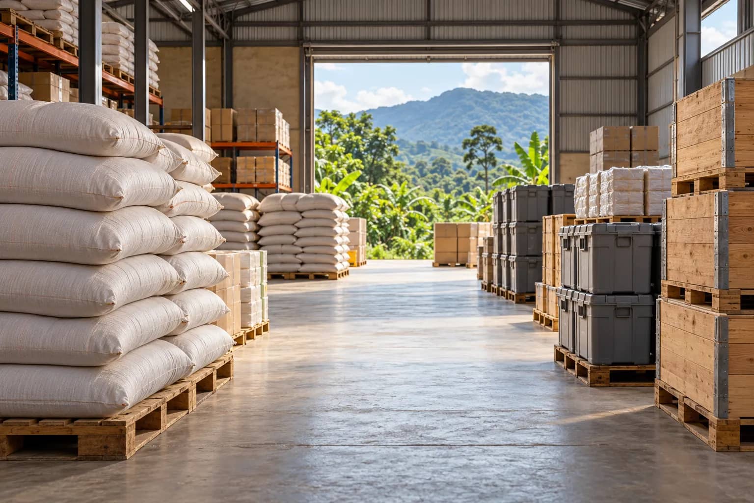 Plain sacks and supply crates stacked inside a warehouse, with green hills beyond the loading doorway.