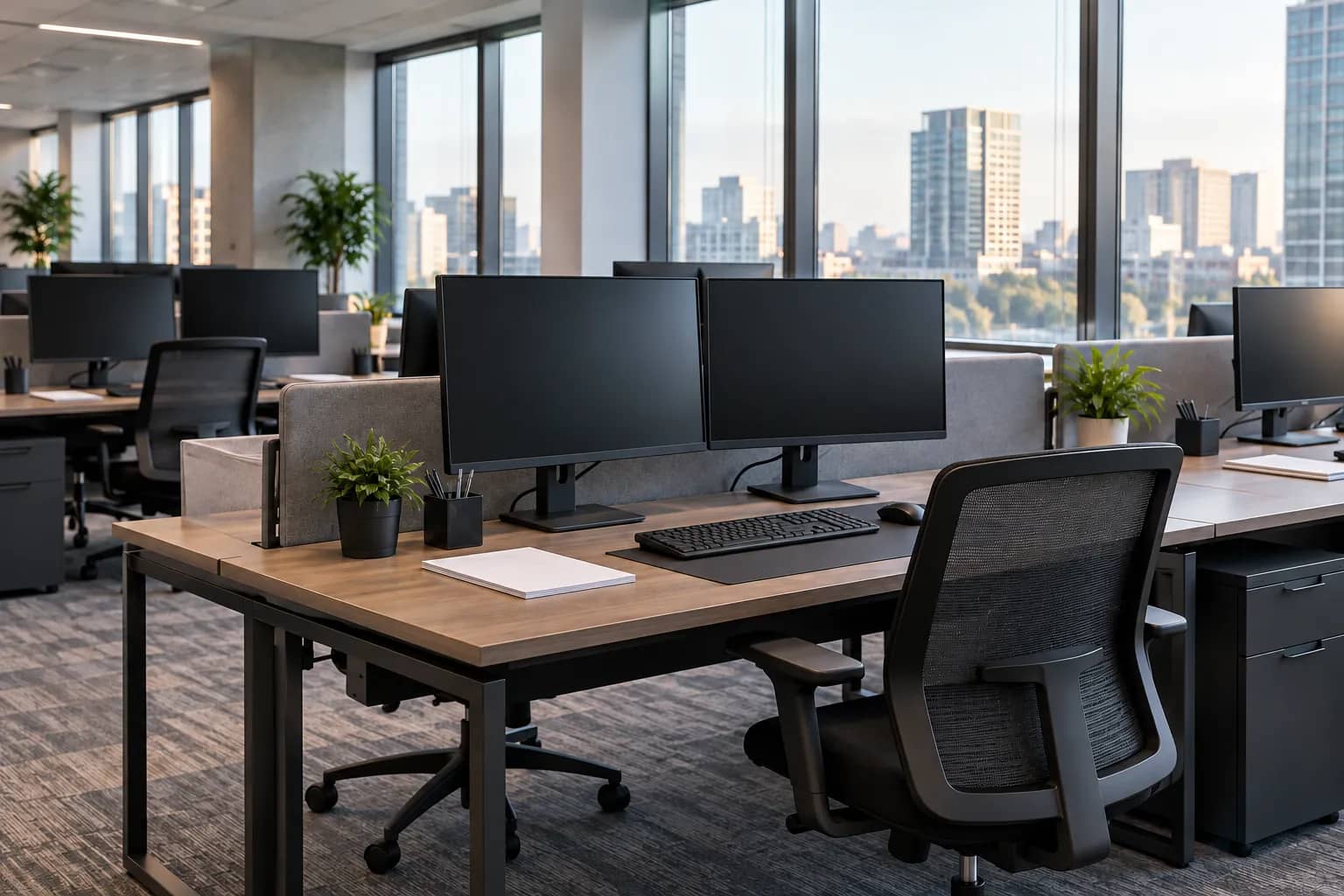 Empty office desks with dark monitors, blank papers and large windows overlooking buildings.