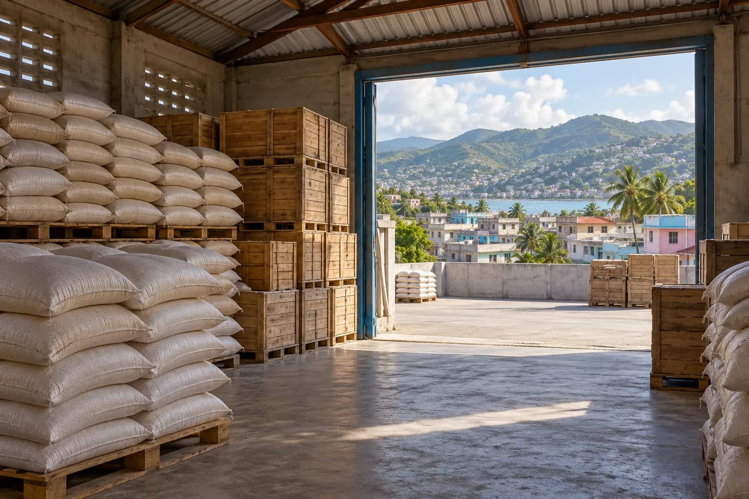 Unbranded sacks and crates in a depot overlooking low buildings and green hills.