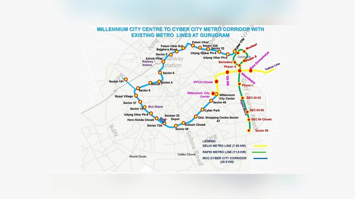 GMRL map showing the proposed Millennium City Centre to Cyber City metro corridor and existing Gurugram metro lines.